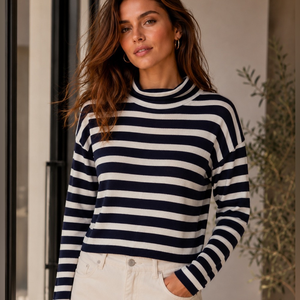 Halston Cashmere Striped Mock Neck Sweater